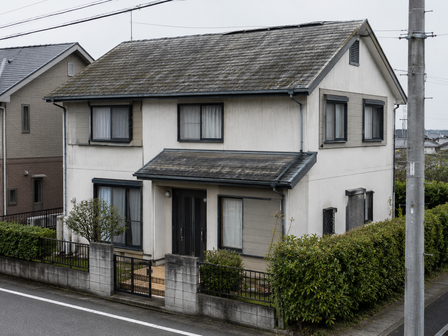 屋根の葺き替え前。スレートが色あせ、苔と汚れが広がった状態