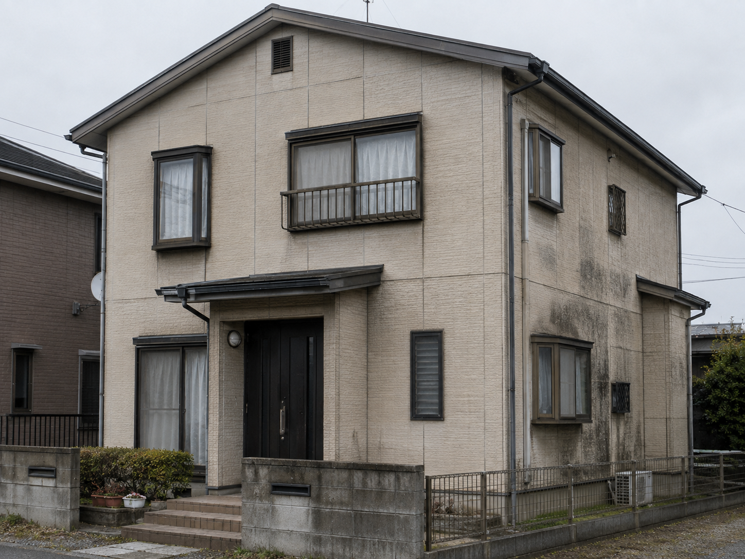 外壁の塗り替え前。サイディングが色あせ、目地のコーキングがひび割れた状態