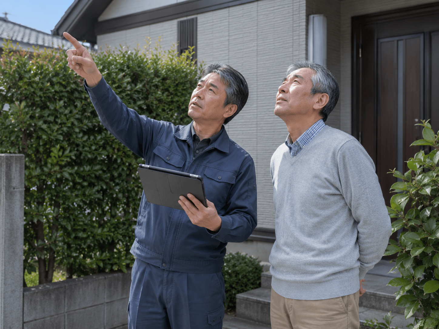 職人が住宅の玄関先で家主にタブレットの画面を見せながら屋根の状態を説明している様子